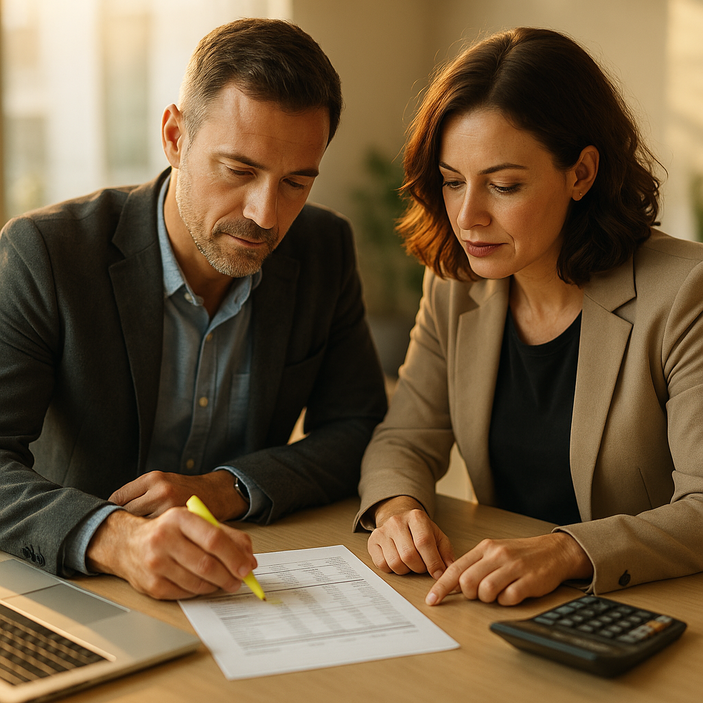 Two working-age business professionals in smart-casual attire seated at a bright office table, marking up a printed profit and loss statement with a highlighter beside a laptop and a calculator, natural window light