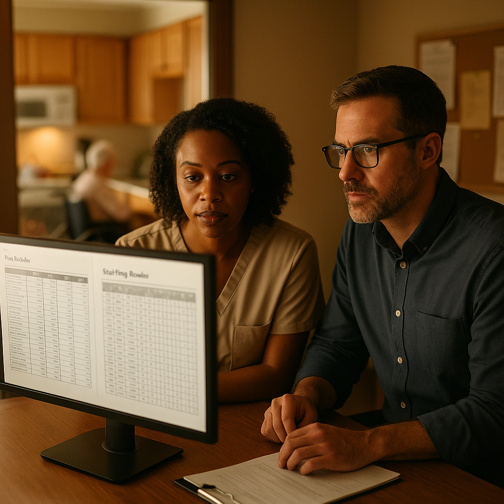 Two working-age professionals in a small care home office reviewing a payroll schedule and staffing roster on a monitor, a residential kitchen visible through a doorway behind them