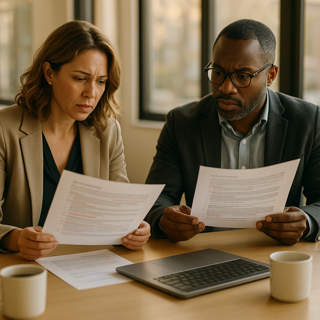 Two working-age business professionals in smart-casual attire comparing two marked-up purchase agreement drafts side by side across a light wood conference table, laptop and coffee cups nearby, soft daylight from tall windows