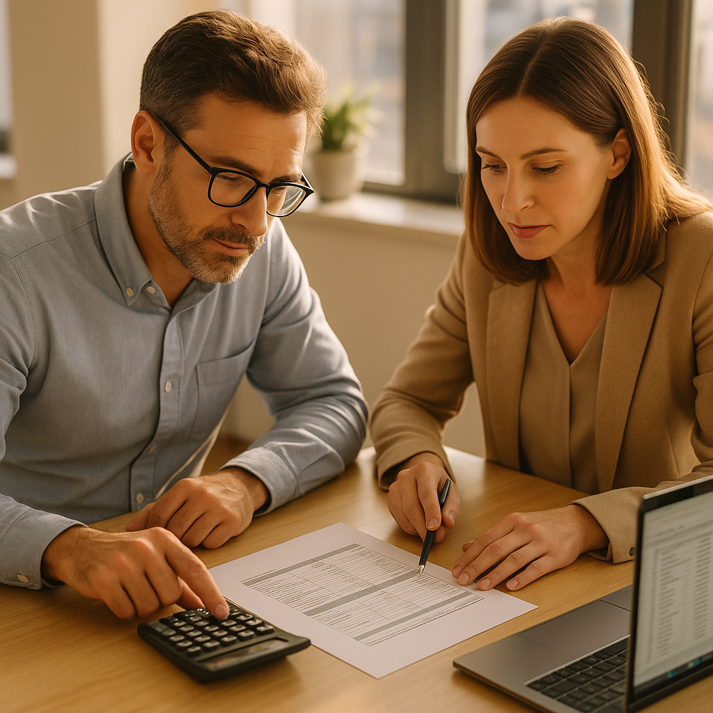 Two working-age professionals in business-casual clothing at a bright office desk reviewing a printed purchase price allocation schedule with a calculator and a laptop showing a spreadsheet, natural light, no signage