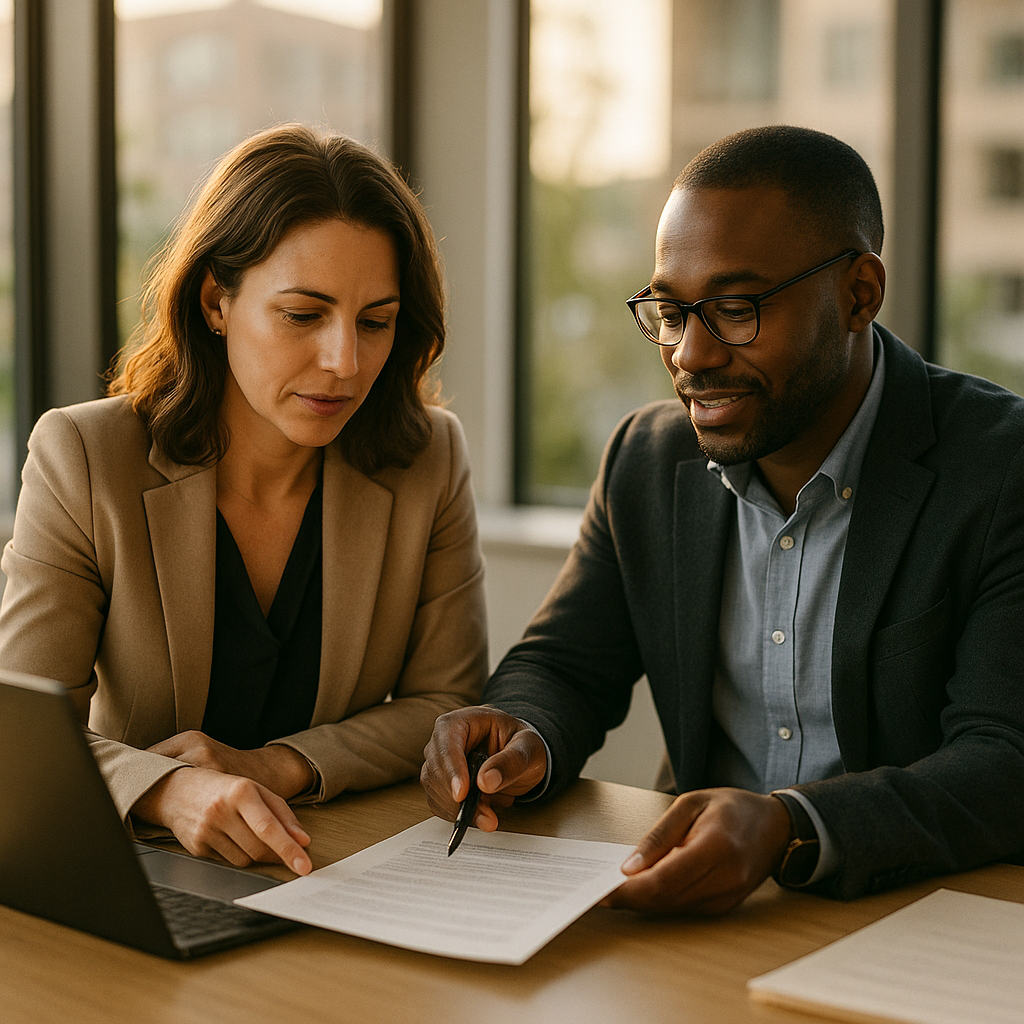 Two working-age business professionals reviewing a listing agreement across a desk in a bright modern office