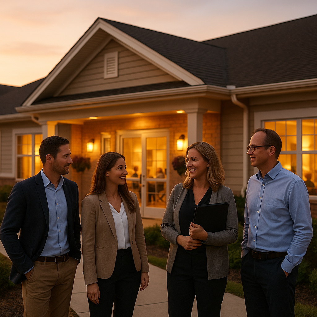 An attractive residential assisted living care home exterior at dusk with warm light in the windows