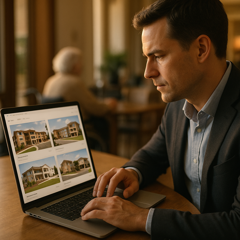 Buyer browsing assisted living facilities for sale on a laptop