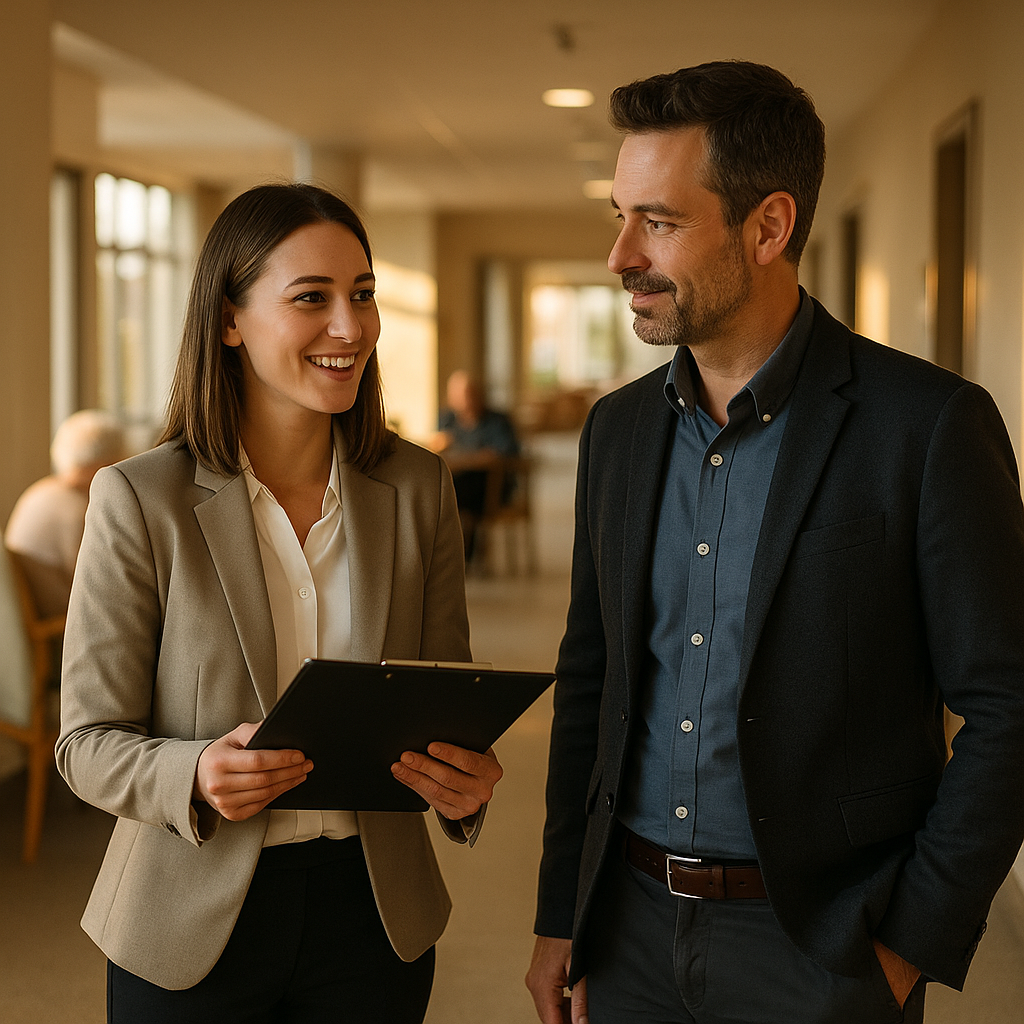 A specialist agent showing a buyer an assisted living facility for sale