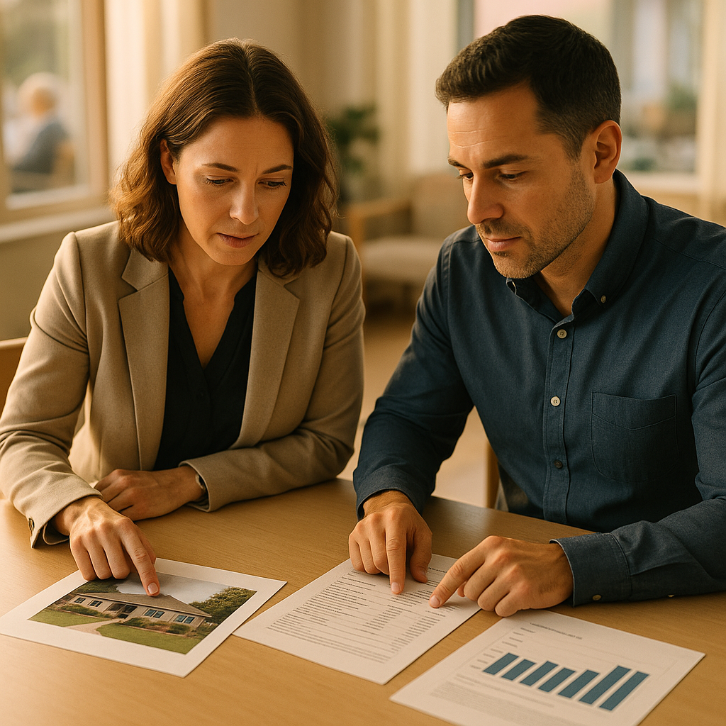 Two working-age business professionals in smart-casual attire at a bright conference table reviewing a marketing package, buyer activity log and financial summary for a small care home, natural window light, no signage or text