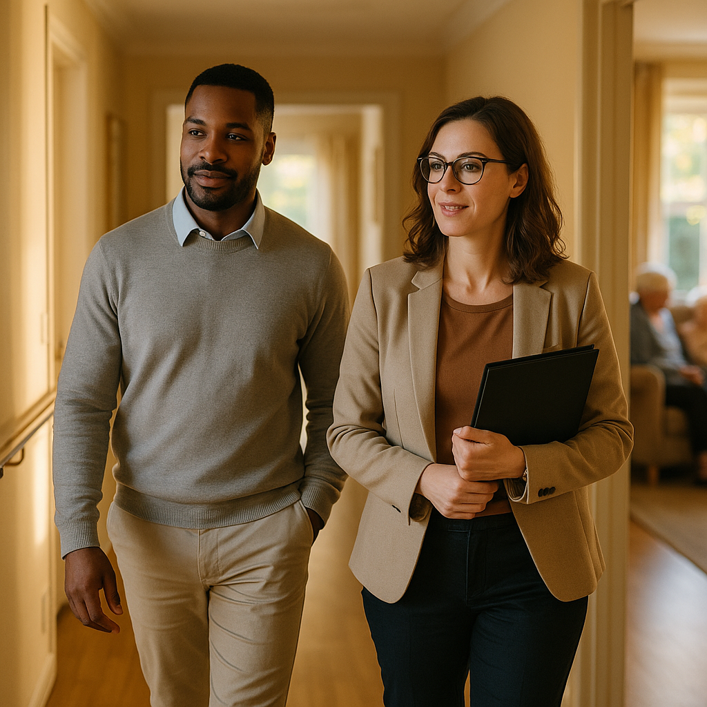 Two working-age professionals in business casual walking the hallway of a small residential care home during a mid-day inspection, one carrying a folder, bright natural light, incidental residents seated in a background lounge, no signage