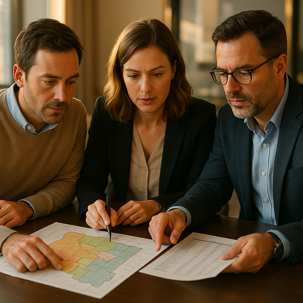 Mapping competing supply Two working-age investor-buyers in smart-casual attire reviewing a county map and competitor list with their agent at an office table