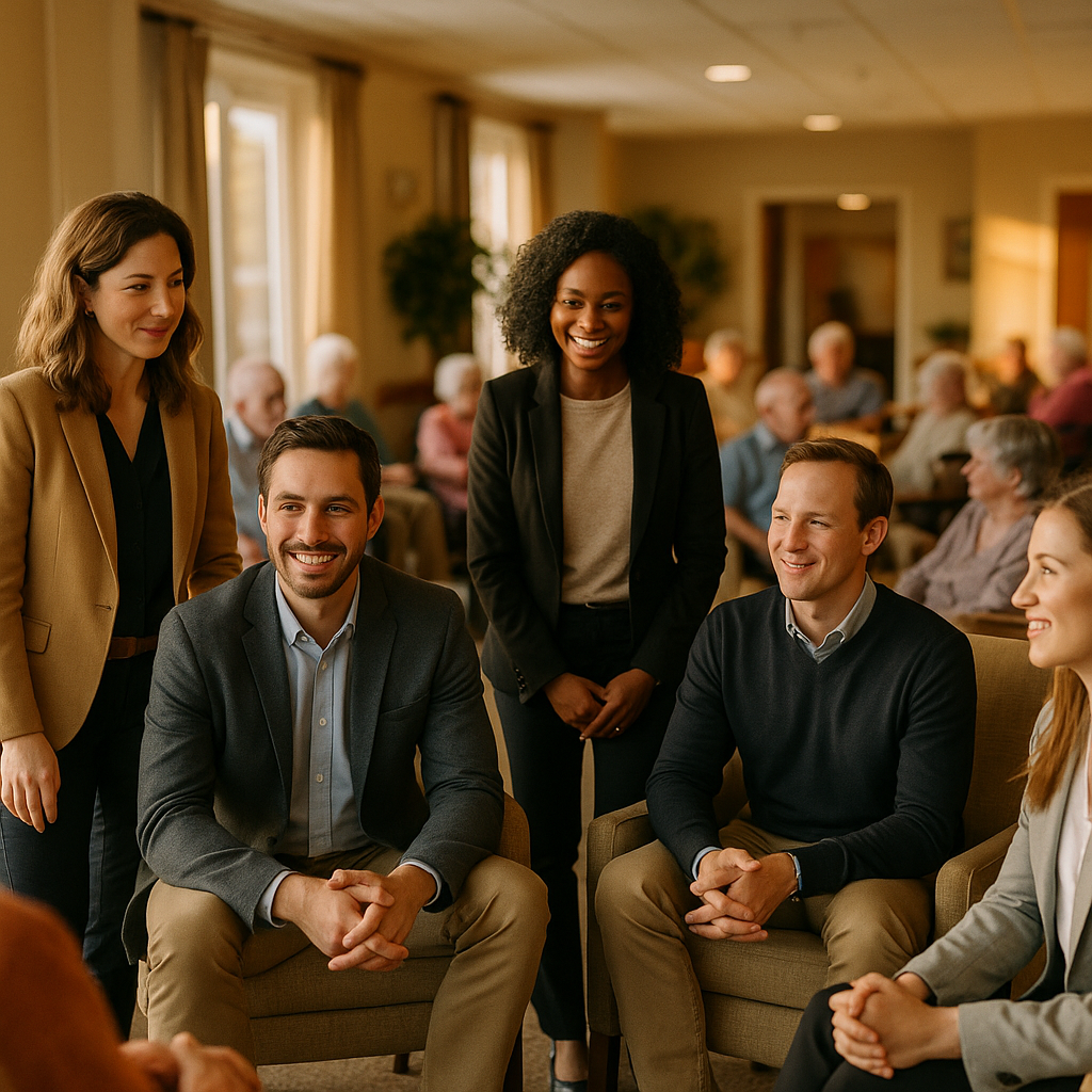 A high-occupancy assisted living common room full of residents