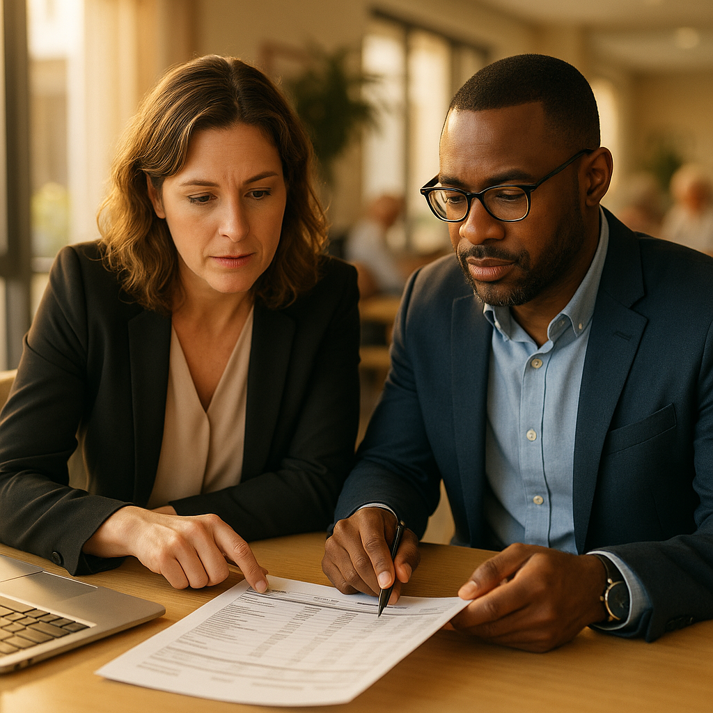 Two working-age real estate professionals reviewing a care home operating statement together at a bright office table