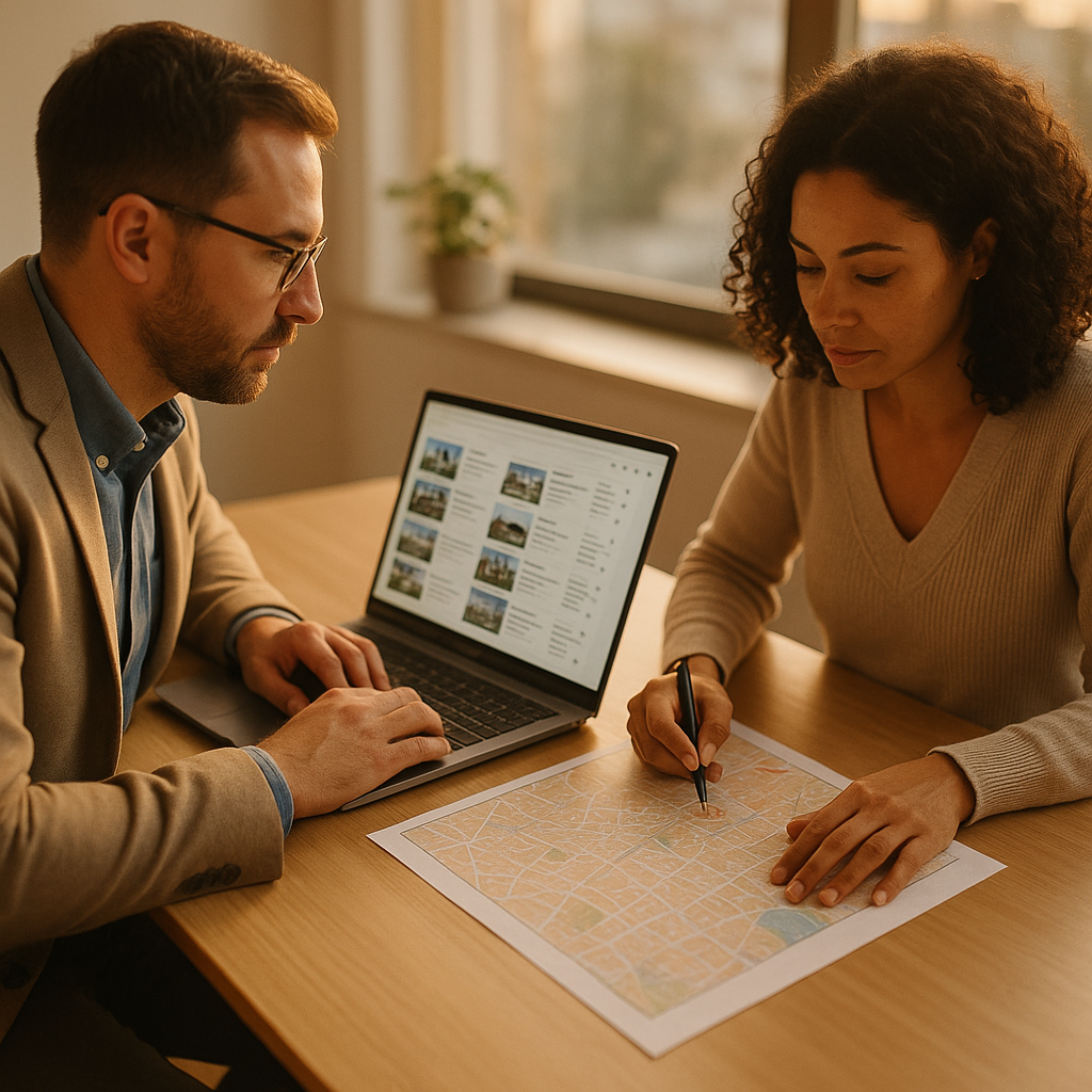 Two working-age real estate professionals in smart-casual attire at a bright office table, one at a laptop showing a spreadsheet of facility listings, the other annotating a printed local map, natural window light, no signage