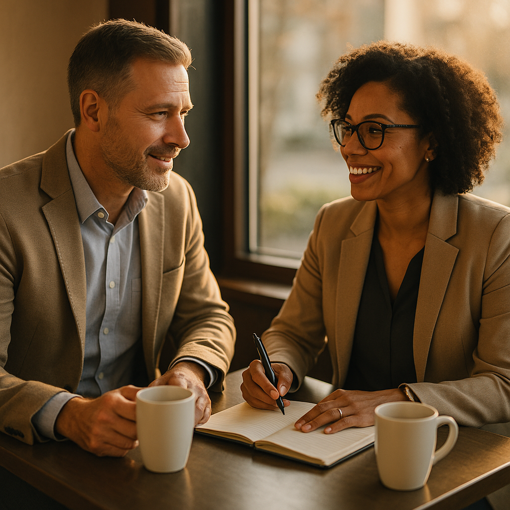 Two working-age business professionals in business-casual clothing having a relaxed conversation over coffee at a small table near a window, one taking notes in a notebook, bright natural light