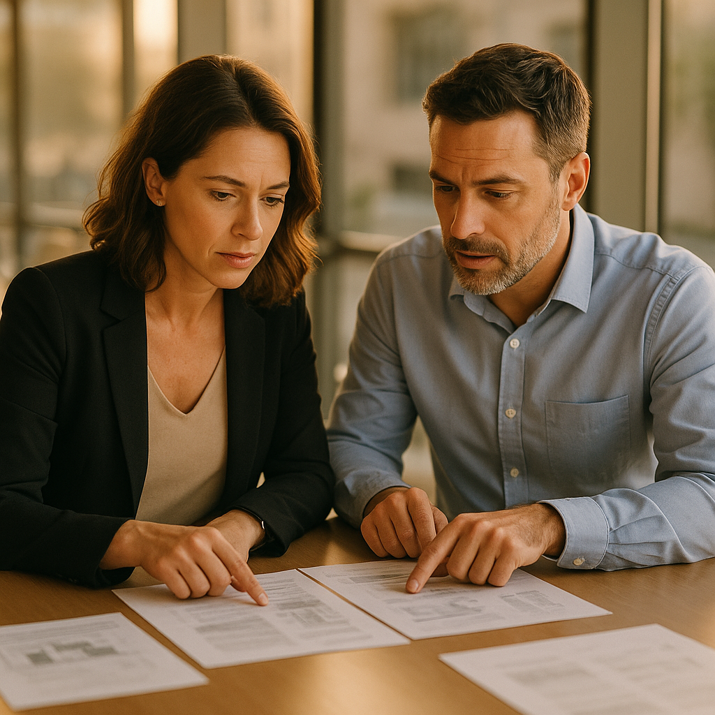 Two working-age business professionals comparing listing approaches over documents at a bright conference table