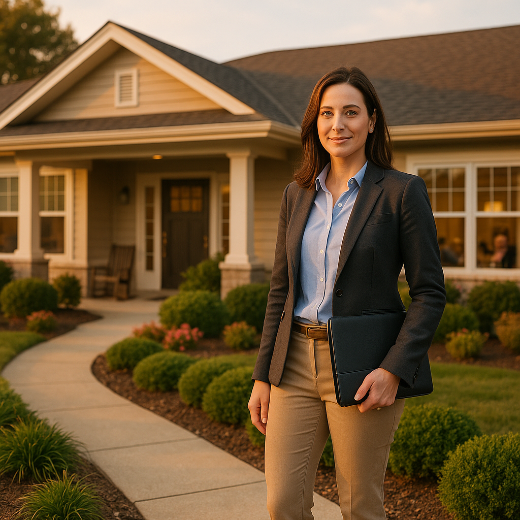 An attractive residential assisted living care home exterior with tidy landscaping presented as a real estate and business asset