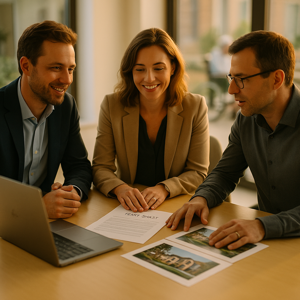 Three working-age business professionals in smart-casual attire around a bright office table with a laptop, term sheet and site photographs, discussing a care home partnership structure, natural light, no text or logos