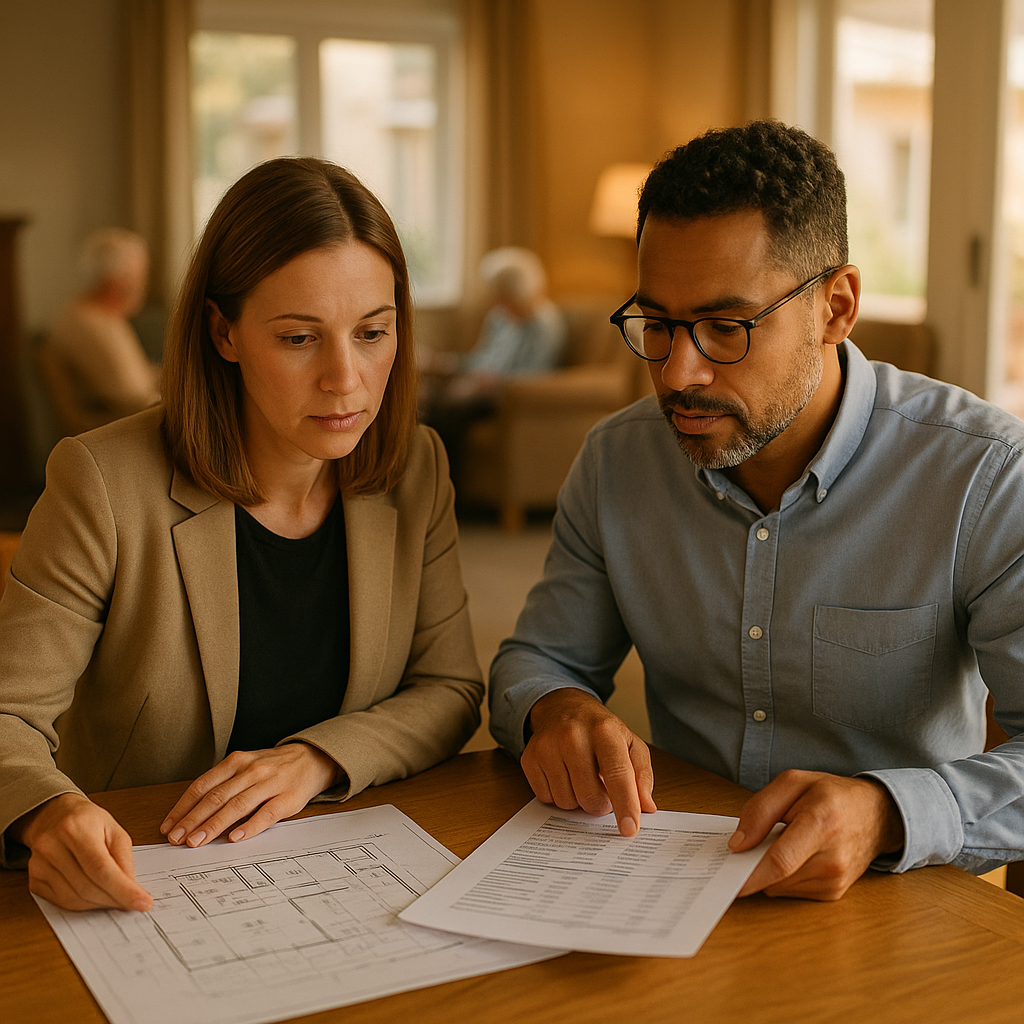 Two working-age professionals in business casual reviewing building plans and an operating statement at a table inside a small residential care home, warm daylight, incidental resident lounge in the background, no signage