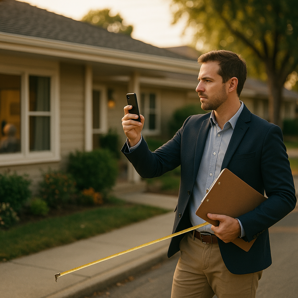 A working-age appraiser in smart-casual business attire photographing and measuring the exterior of a single-story residential care home on a quiet suburban street, clipboard and tape measure in hand, bright midday light
