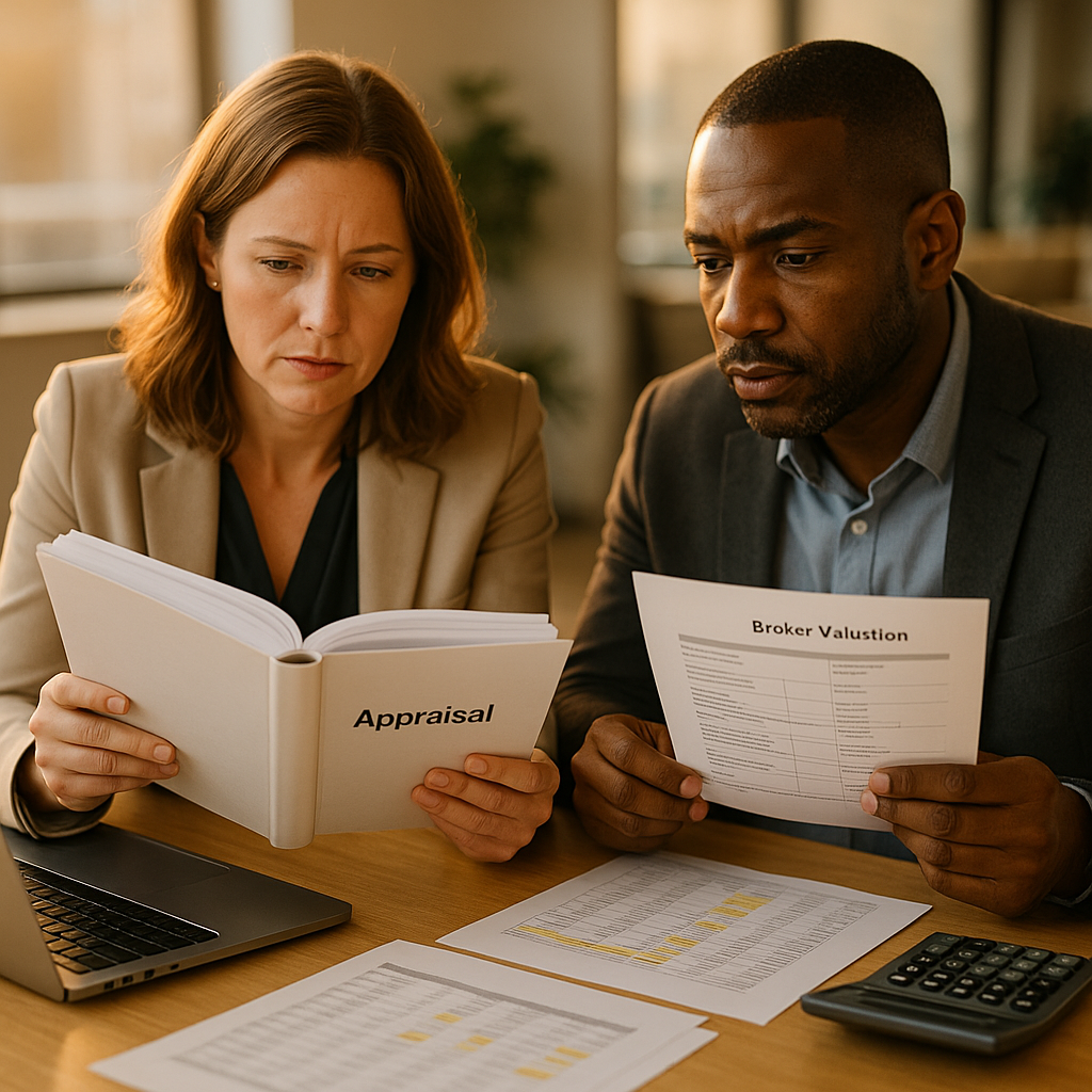 Two working-age business professionals at a bright office table comparing a thick bound appraisal report against a short broker valuation summary, laptop, calculator and marked-up spreadsheets between them
