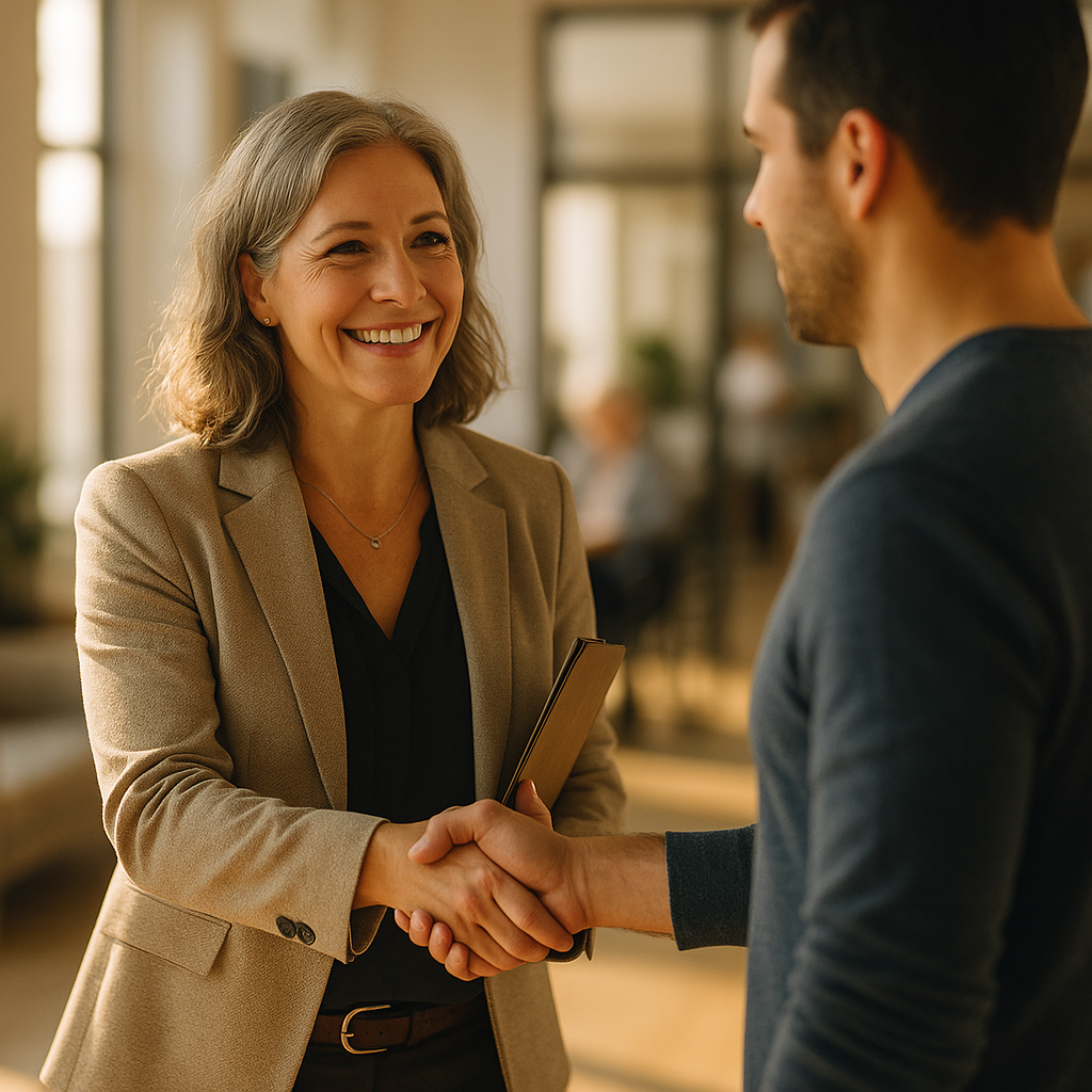 A friendly assisted living specialist real estate agent shaking hands with a working-age buyer client in a bright modern office