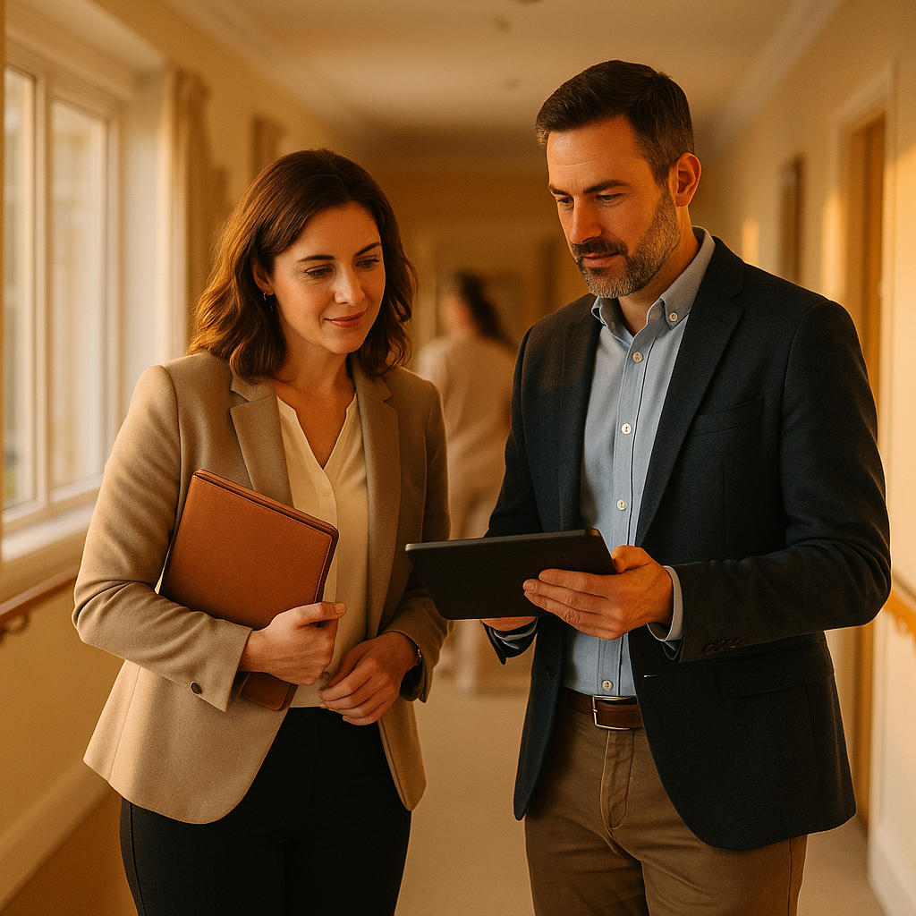 Two working-age business professionals in smart-casual attire standing in a bright residential care home hallway with a tablet and folder discussing a listing, warm daylight, incidental staff member in the background, no signage or text