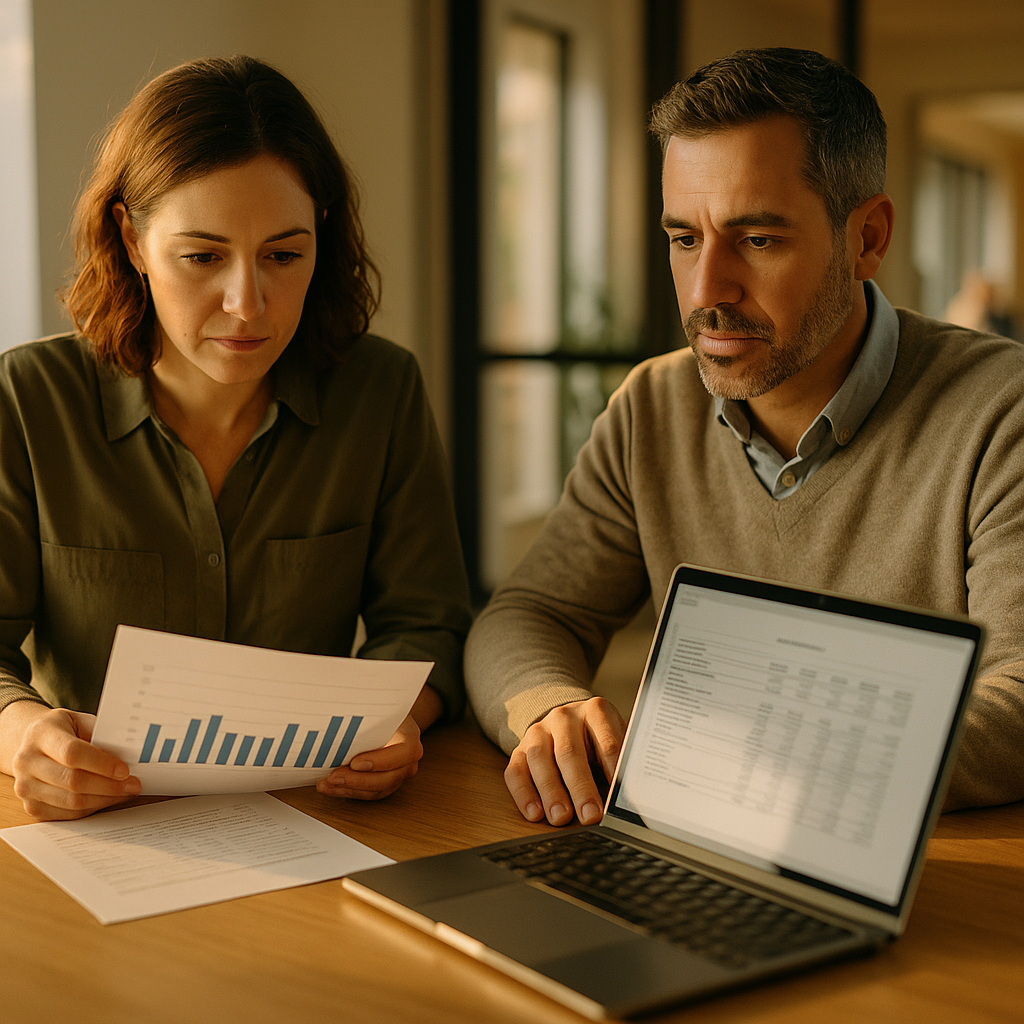 Two working-age professionals in business-casual clothing at an office table reviewing a monthly census chart and an operating statement on a laptop for a small care facility, bright natural light, no text or logos