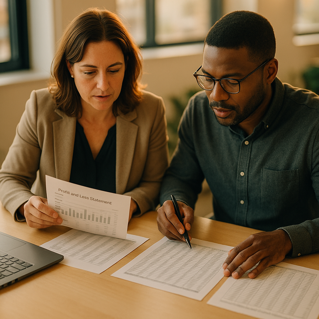 Two working-age business professionals in smart-casual attire at a bright office table comparing a printed profit and loss statement against a payroll register and a monthly census spreadsheet, natural light, no text visible
