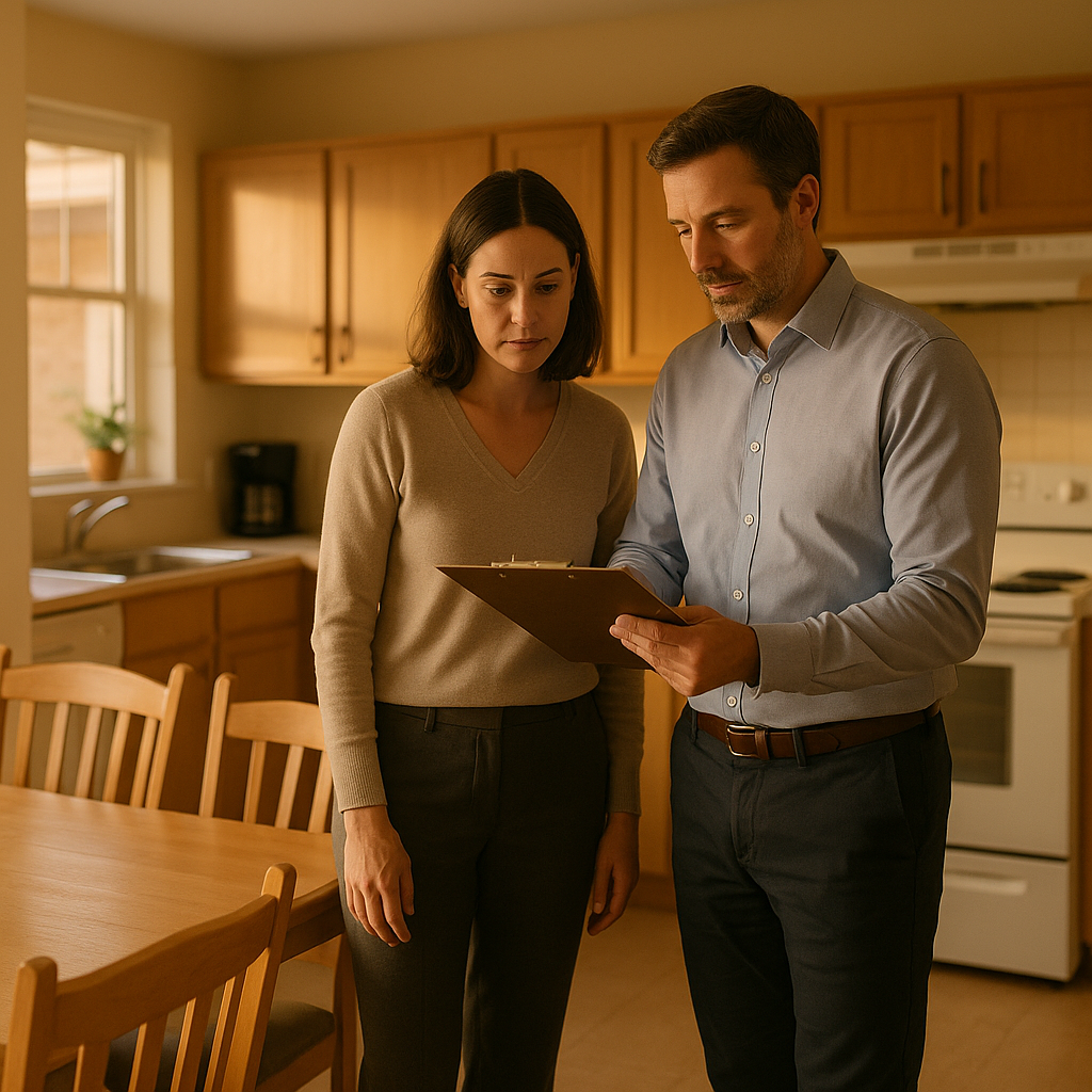 Two working-age professionals in business-casual clothing standing in the bright kitchen and dining area of a small residential care home, one holding a clipboard, reviewing equipment condition, warm daylight, no signage