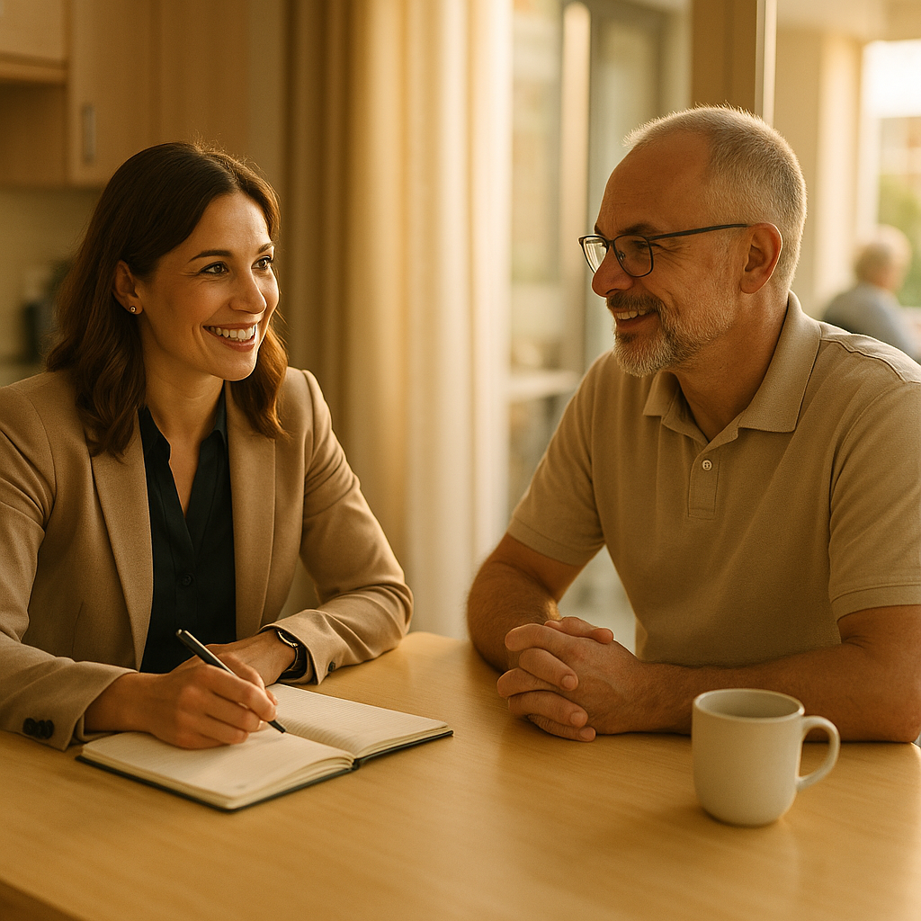 A working-age real estate agent in smart-casual business attire seated across a kitchen table from a working-age care home owner, two coffee cups and an open notebook between them, warm afternoon light through a window