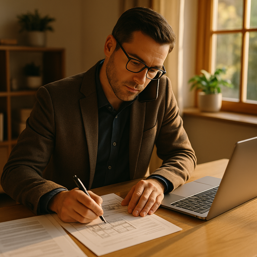 A working-age agent at a tidy home office desk making notes on printed county property records and a state licensing printout before a call, laptop open, soft daylight through a window