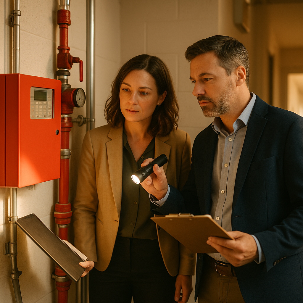 Two working-age building inspectors in smart-casual business attire examining a fire alarm control panel and sprinkler riser in the utility room of a residential care home, clipboard and flashlight in hand
