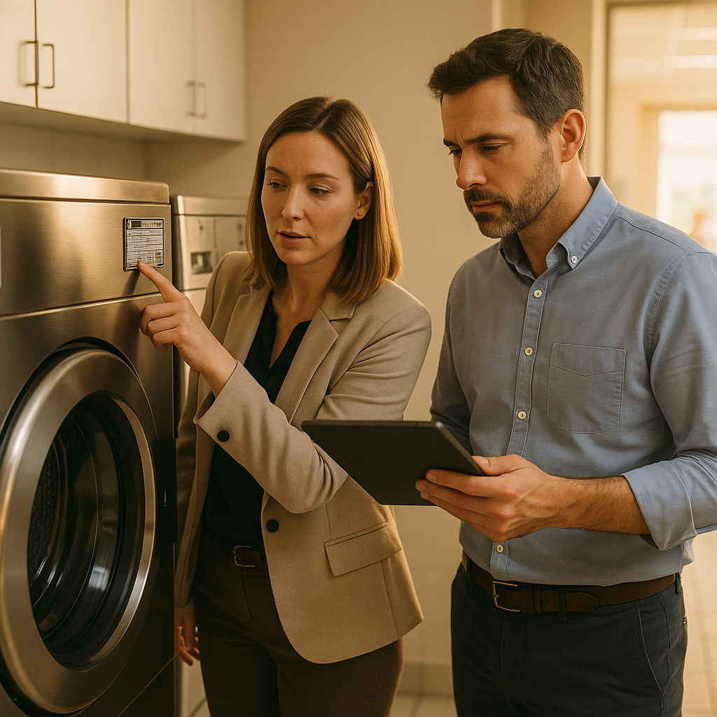 Two working-age business professionals in smart casual clothing in a bright commercial laundry room of a small care facility, reviewing equipment nameplates and a maintenance log on a tablet