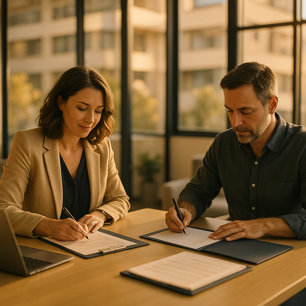 Two working-age professionals in smart-casual attire signing documents across a conference table with a laptop and open folders, modern office