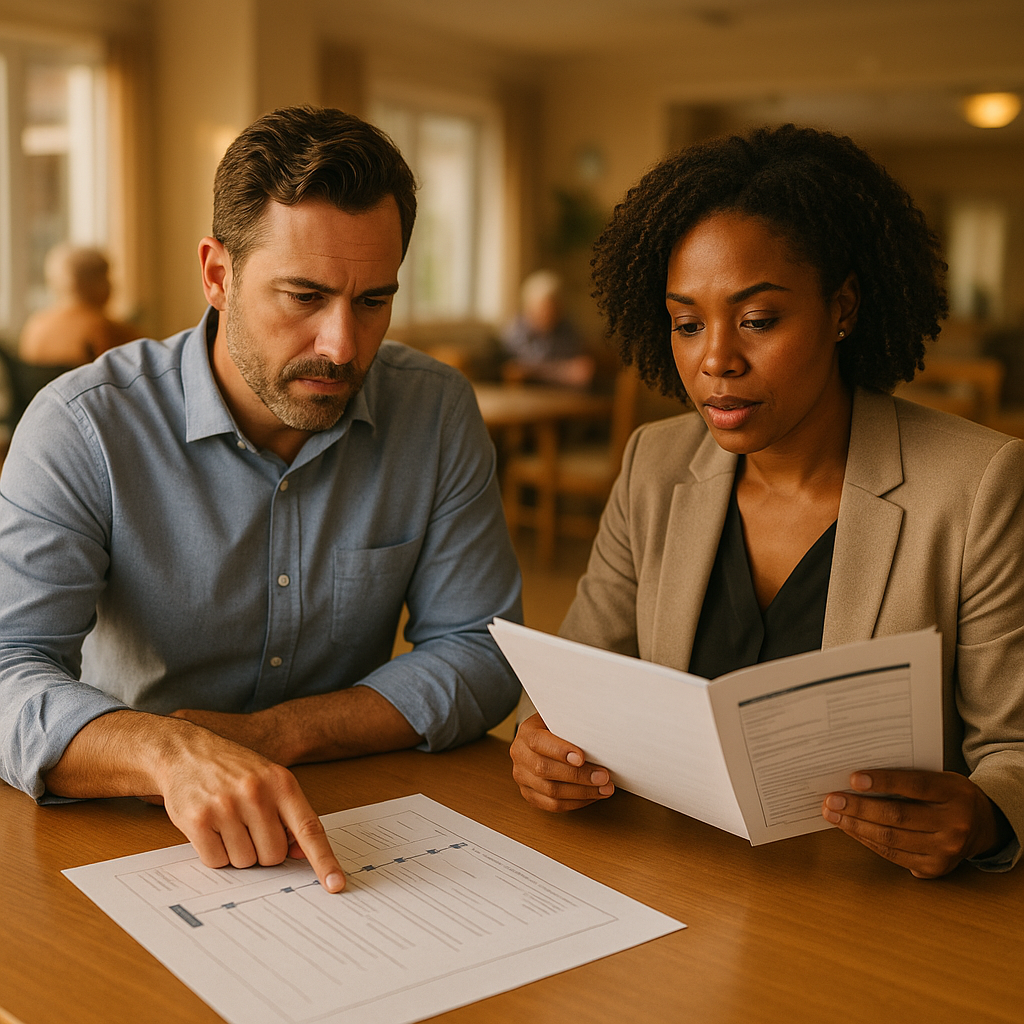 Two working-age professionals in business-casual attire reviewing a printed timeline and an application packet at a table in a residential care home