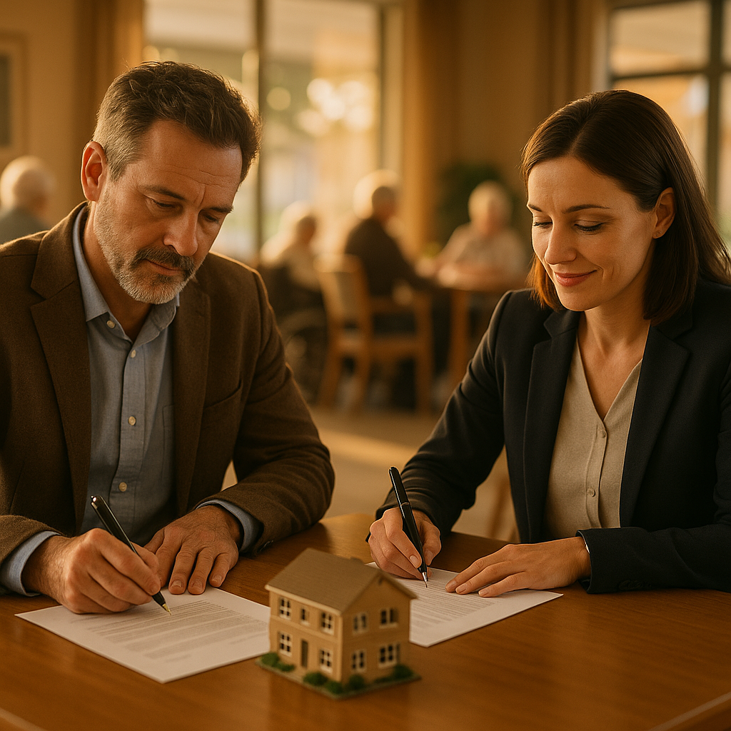 Buyer and seller signing owner-financing terms for a care home