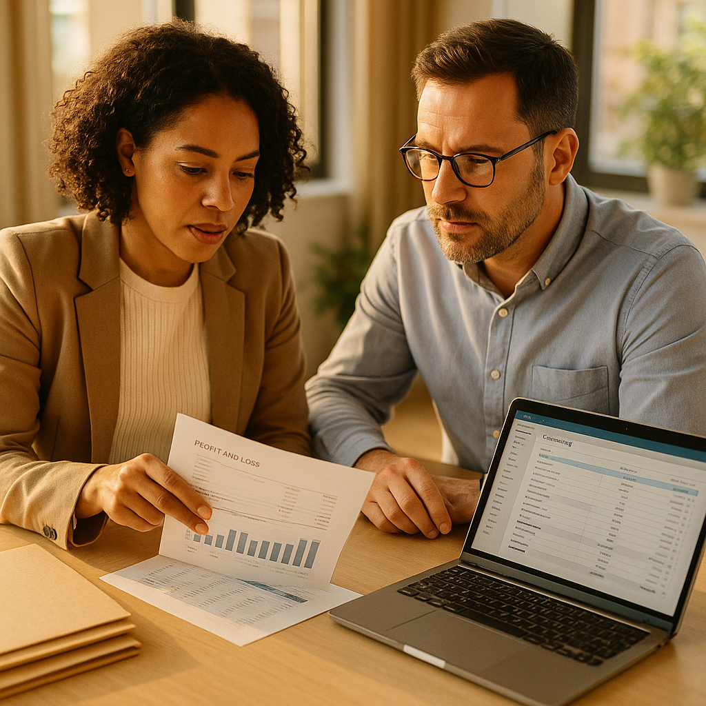 Two working-age business professionals in smart-casual attire at a bright office table reviewing printed monthly profit and loss statements and a laptop with accounting software open, organized folders stacked nearby, natural light