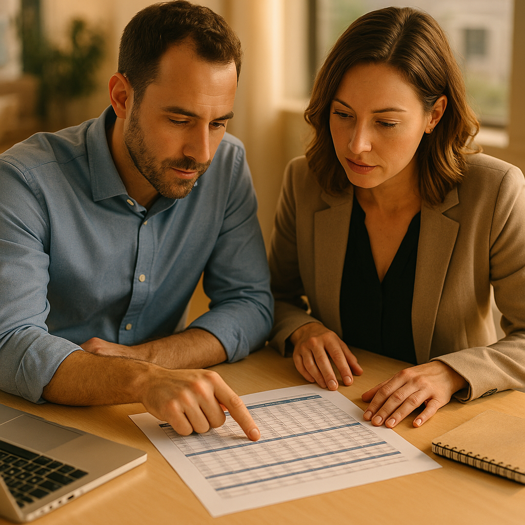 Two working-age professionals in business-casual clothing reviewing a printed monthly census and payer mix spreadsheet on a bright office table, one pointing at a row of figures, laptop and notepad beside them, soft daylight