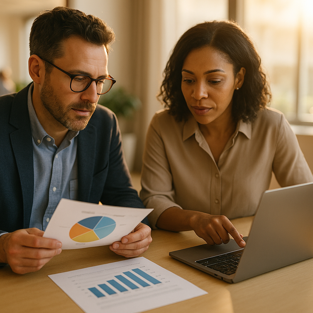 Two working-age business professionals in smart-casual attire at a bright office table comparing a payer mix breakdown and a revenue per occupied bed worksheet on paper and laptop