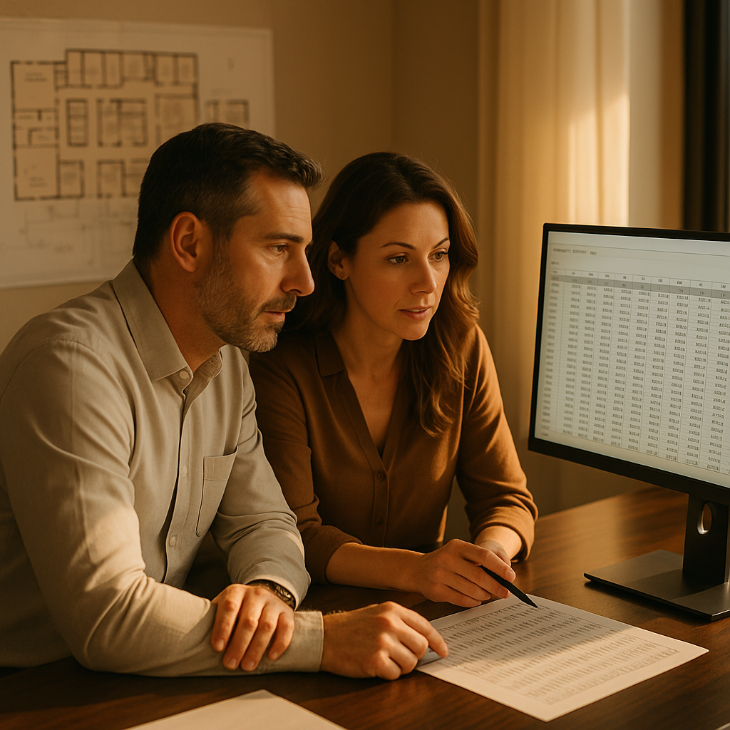 Two working-age professionals in business-casual clothing reviewing a twelve-month census and rate roll spreadsheet on a large monitor in a quiet office, a care facility floor plan pinned behind them