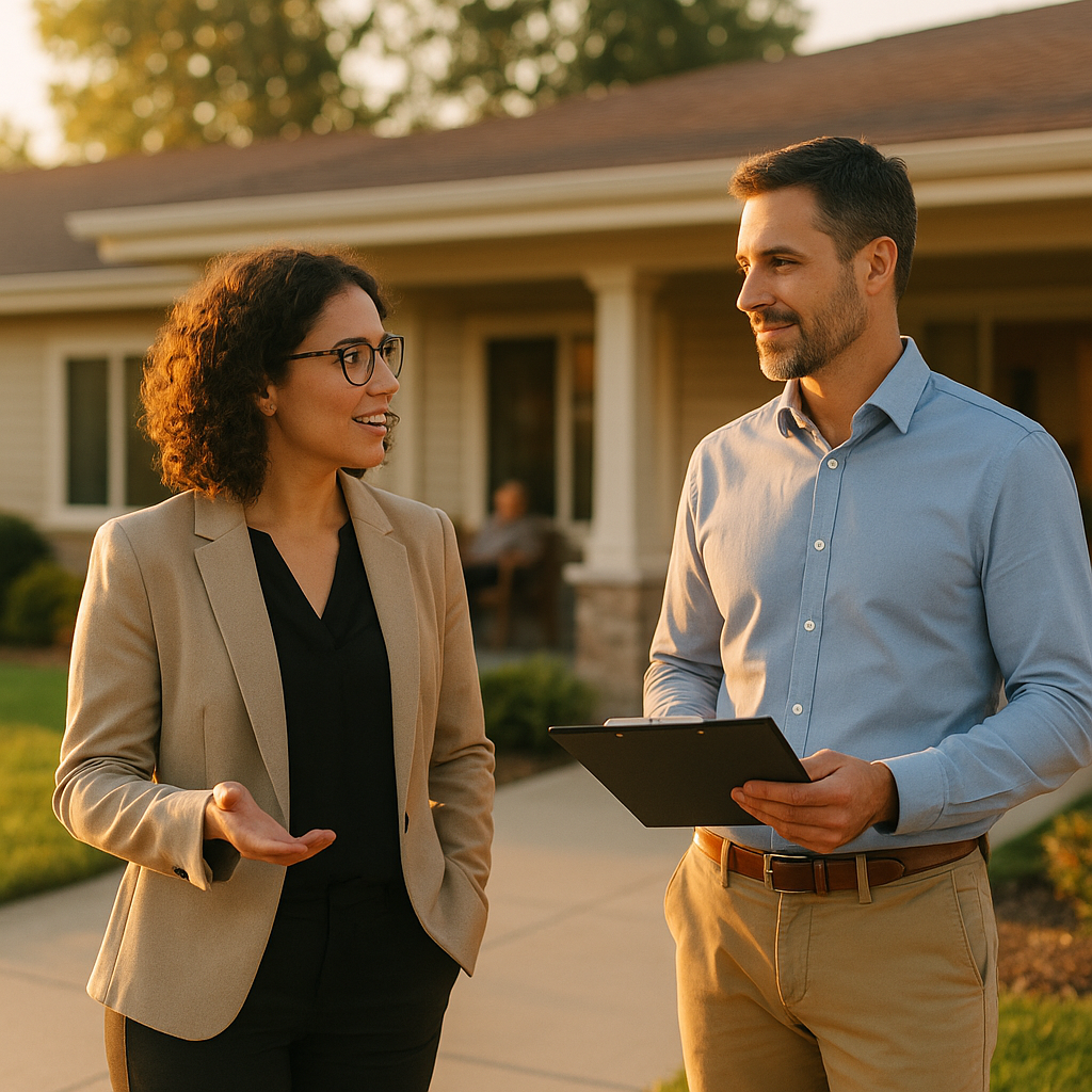 Two working-age real estate professionals in smart-casual attire standing outside a well-kept single-story residential care home, one holding a clipboard, discussing the property in bright morning light, no signage visible