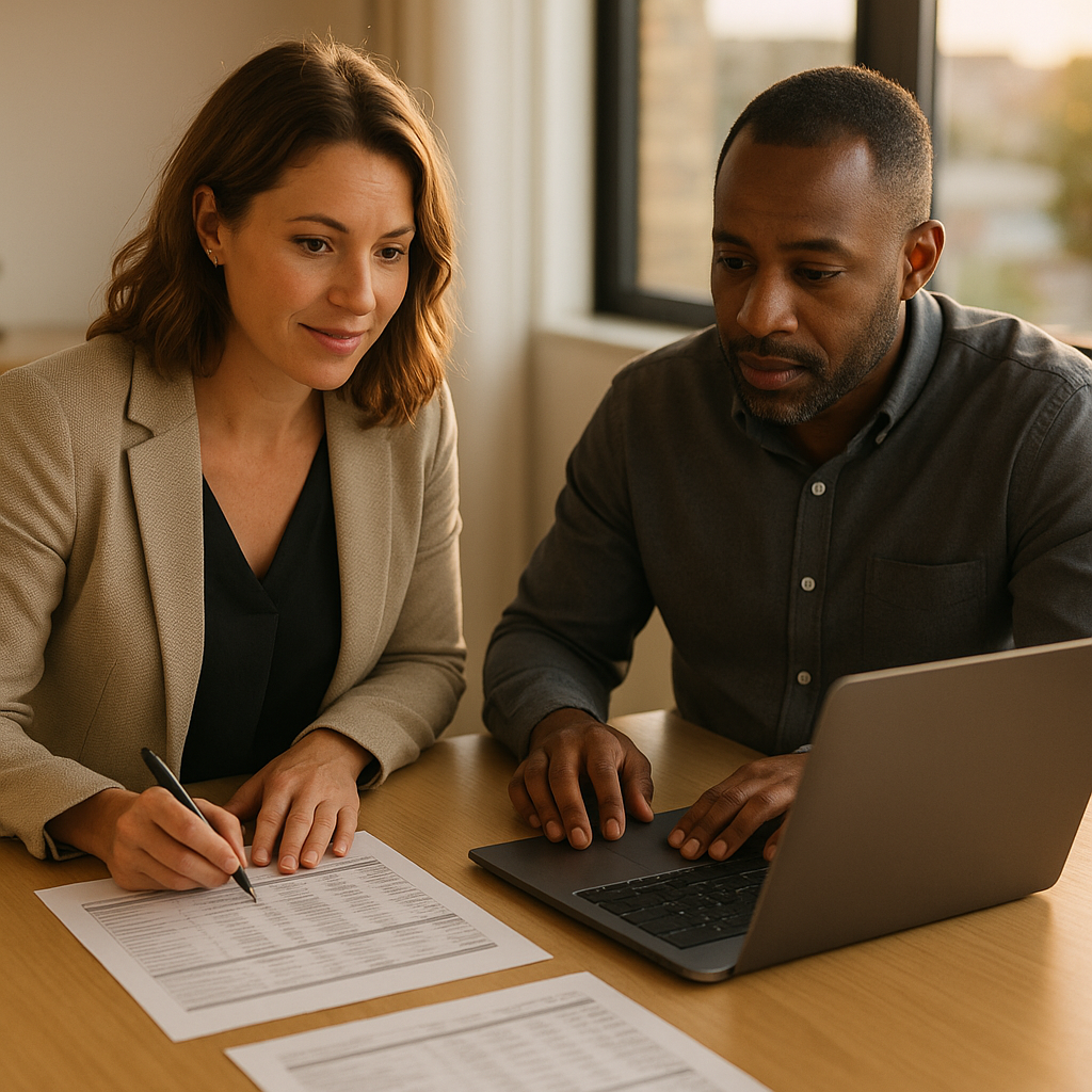Two working-age business professionals in business-casual clothing at a bright office table with two printed valuation worksheets laid side by side and a laptop spreadsheet open between them, natural window light