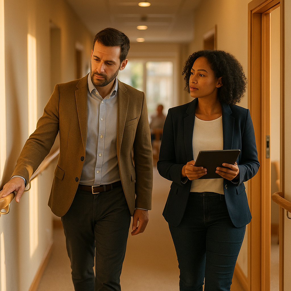 Two working-age business professionals in smart-casual clothing walking a corridor inside a clean residential care home, one holding a tablet, checking handrails and doorway widths, warm daylight, residents faintly visible in a background lounge, no signage