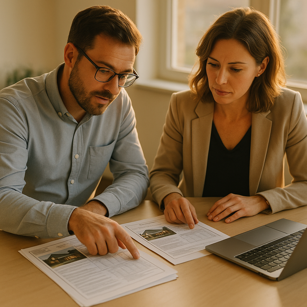 Two working-age professionals in business-casual attire seated at a bright office table reviewing a stack of printed inspection reports and a laptop, one pointing at a document, natural light from a window