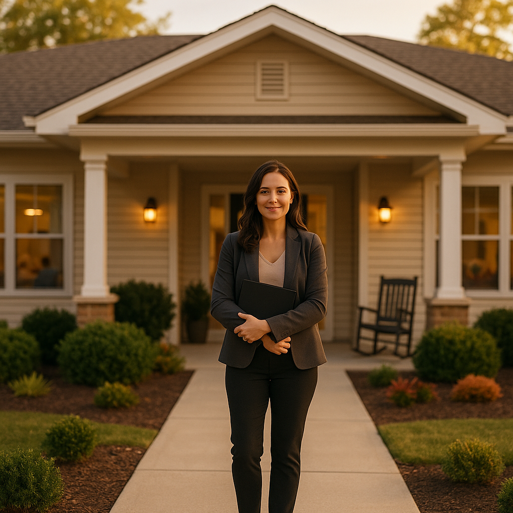 A residential assisted living home An attractive single-story residential assisted living home with a covered porch and tidy landscaping seen from the front walkway