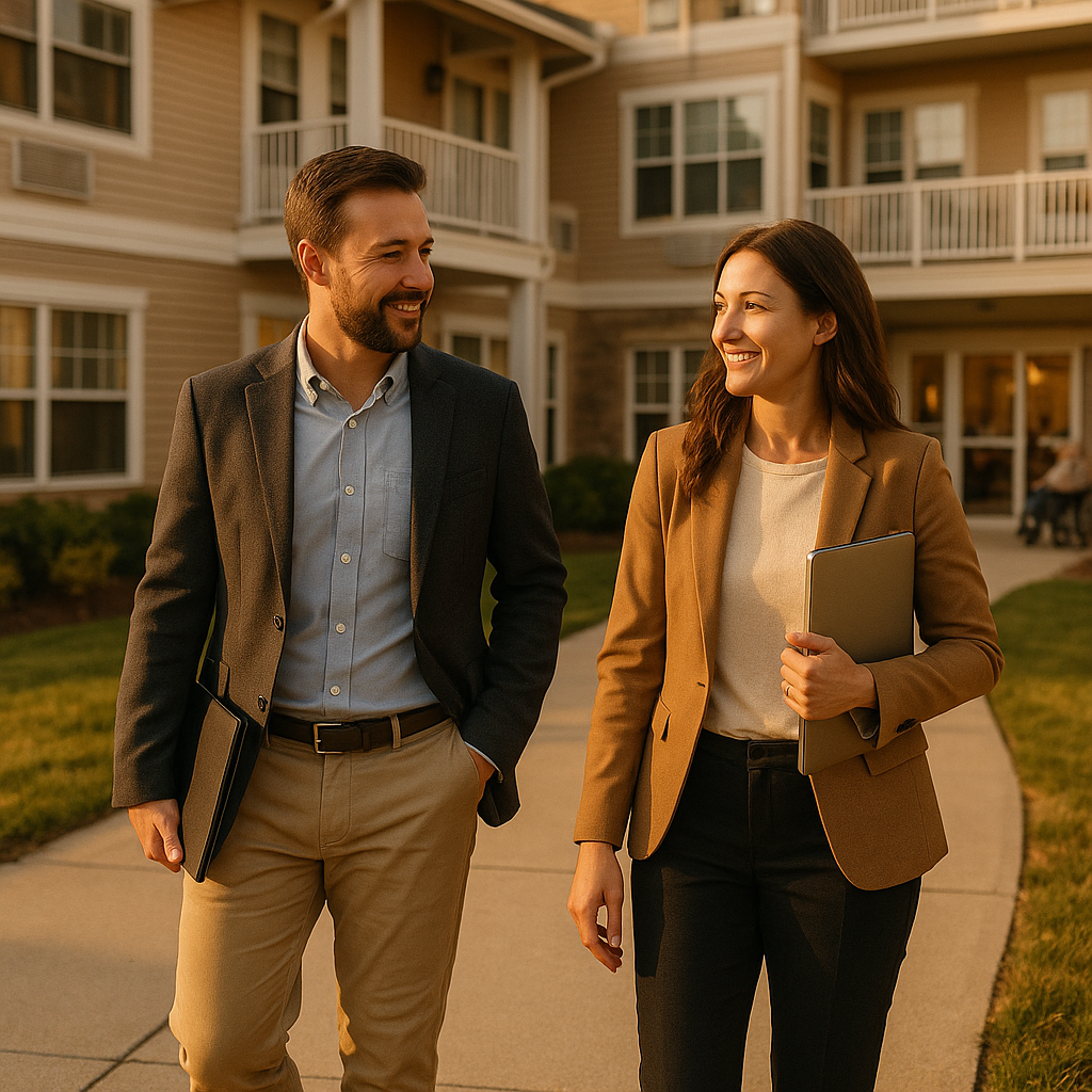Touring a larger assisted living community Two working-age business partners in smart-casual attire walking the exterior of a larger assisted living community during a site visit