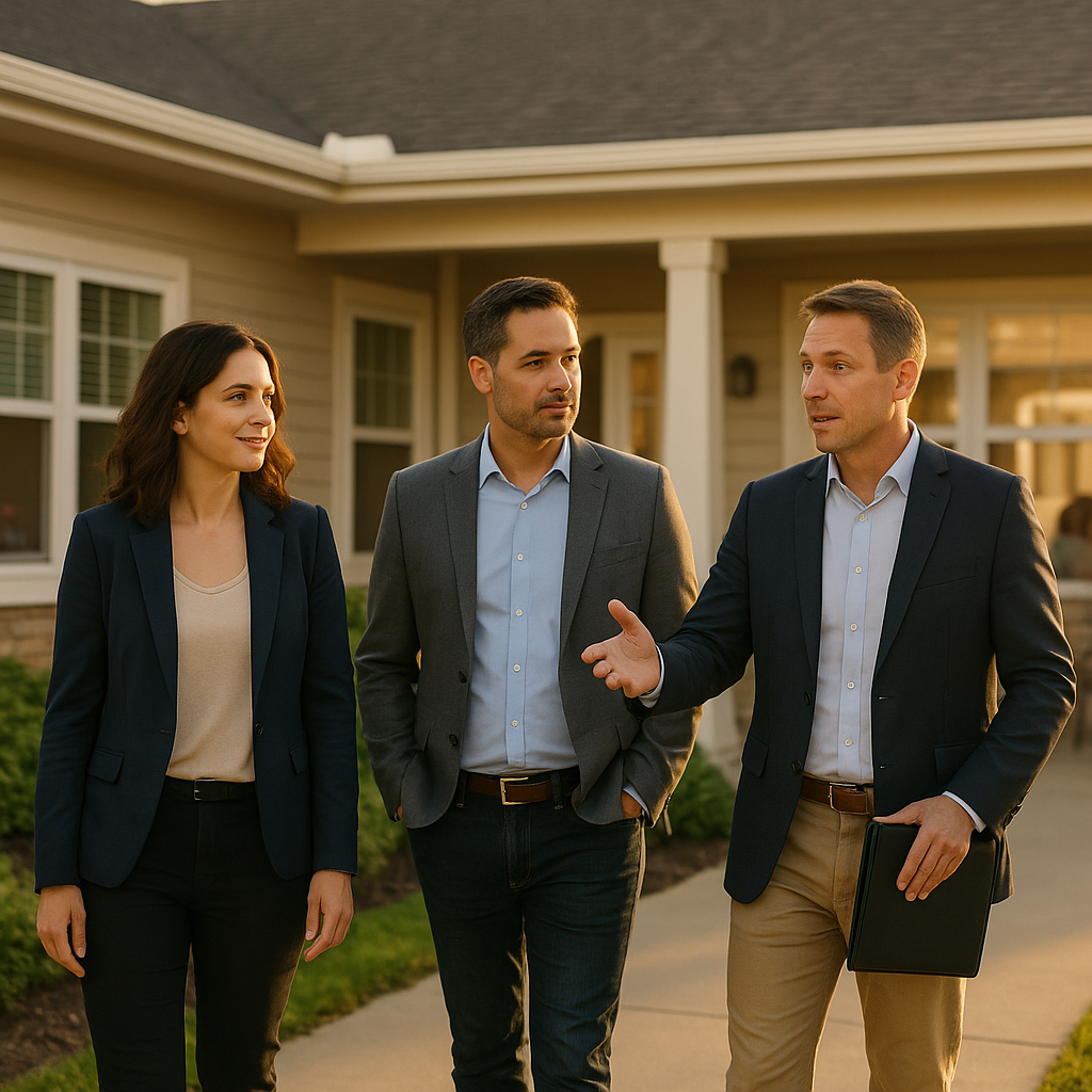 Two working-age investor-buyers in smart-casual business attire touring the exterior of a residential assisted living home with their agent