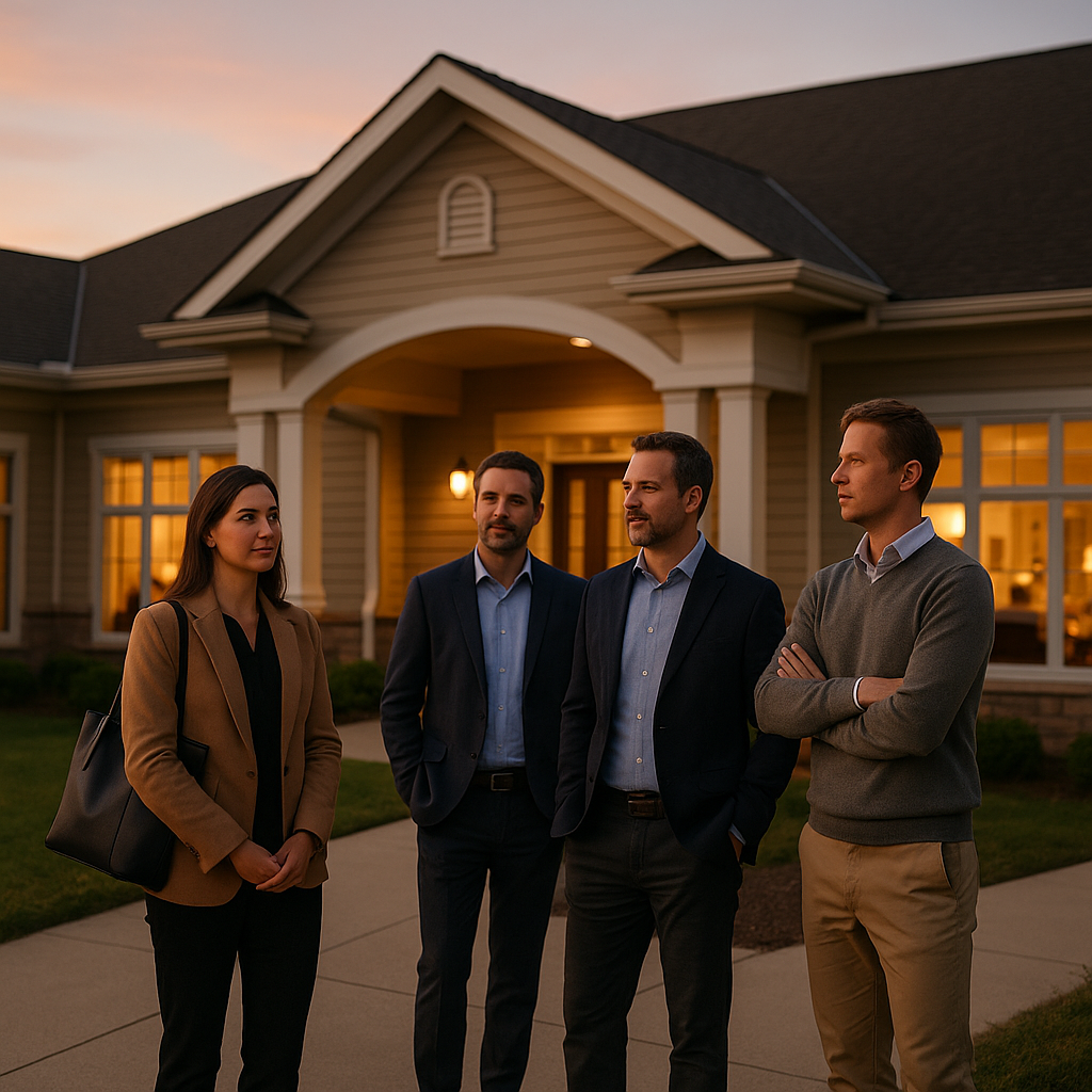 An elegant residential assisted living care home exterior at dusk with warm interior light in the windows