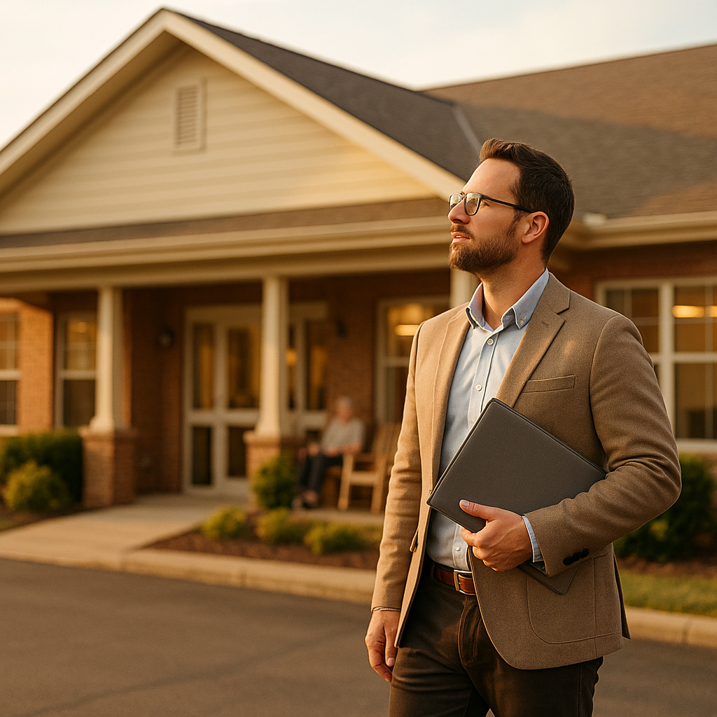 A working-age property owner in smart-casual business attire standing on the driveway of a converted single-story residential care home, folder under one arm, looking up at the building in soft morning light