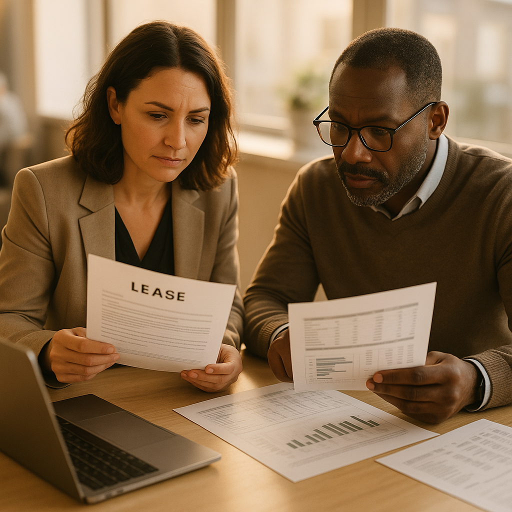 Two working-age professionals in business-casual attire reviewing a lease document alongside a rent coverage worksheet at a bright office table, laptop and printed financial statements between them
