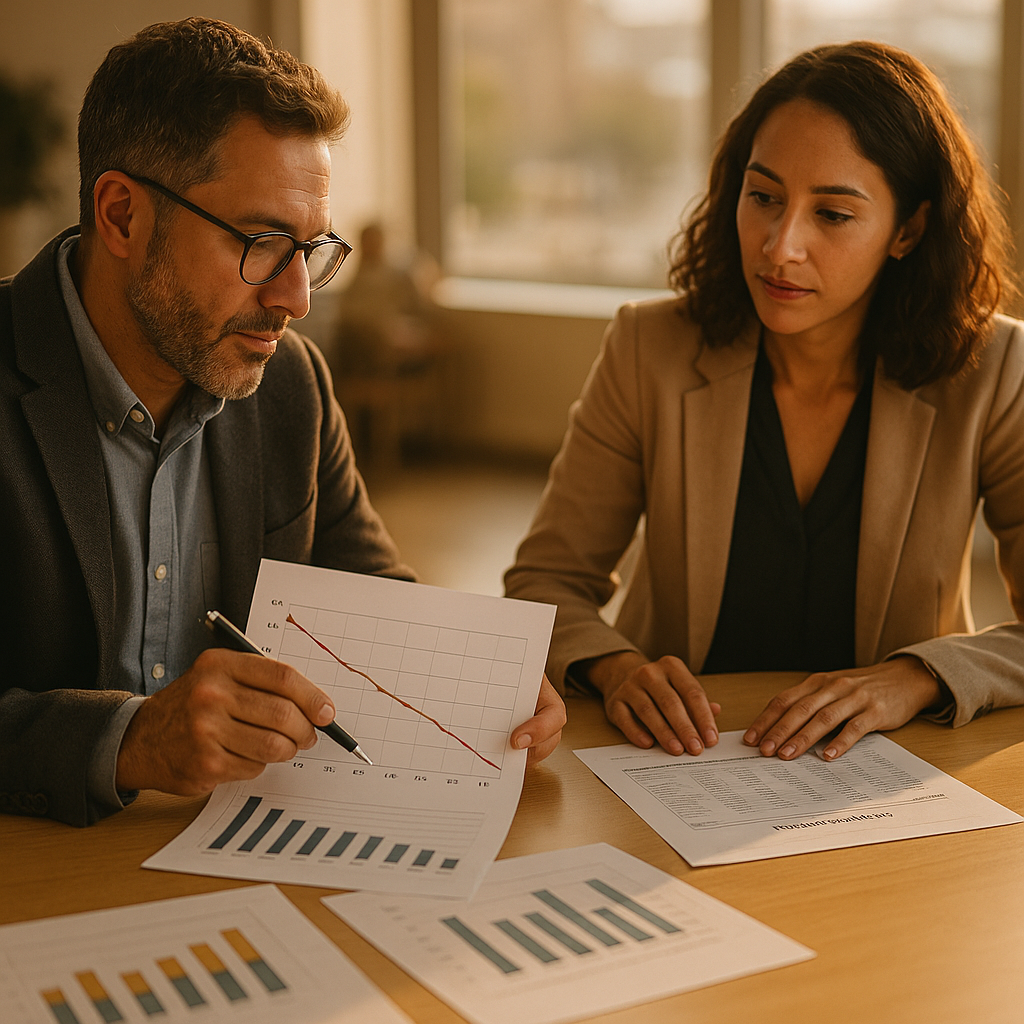 Two working-age business professionals in smart-casual attire at a bright office table reviewing twelve months of declining census and payroll reports, one marking a trend line on a printed chart