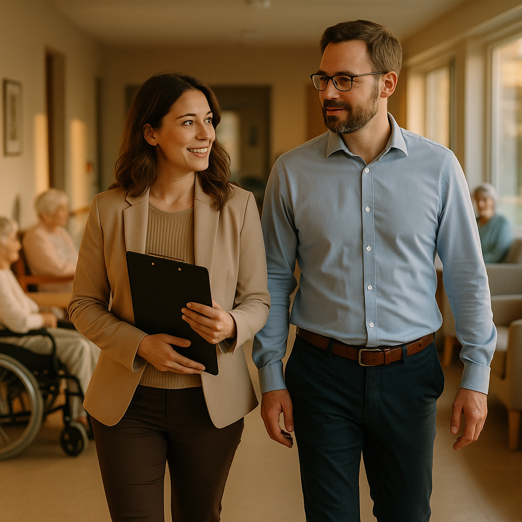 Two working-age professionals in business-casual clothing walking through the common area of a small care facility with a clipboard, residents visible in the background, bright natural light
