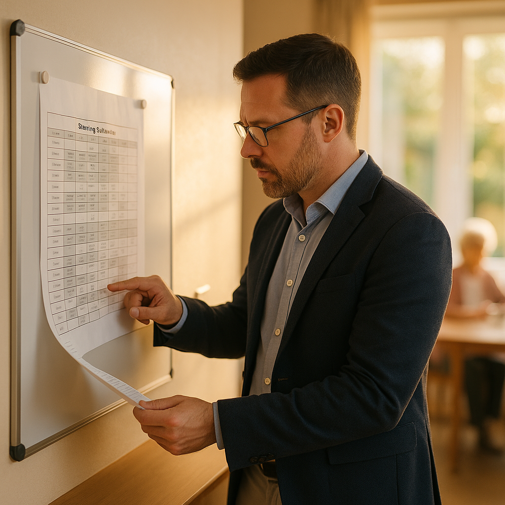 The first schedule you own A working-age new owner in smart-casual business attire reviewing a printed monthly staffing schedule pinned to a whiteboard in the small office of a residential care home, morning light through the window